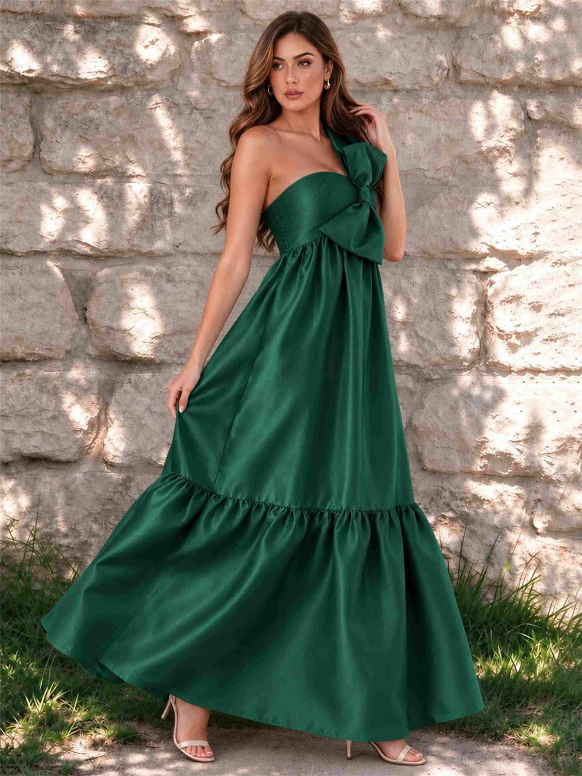 One Shoulder A-Line Satin Sleeveless Wedding Guest Dress with Bowknot