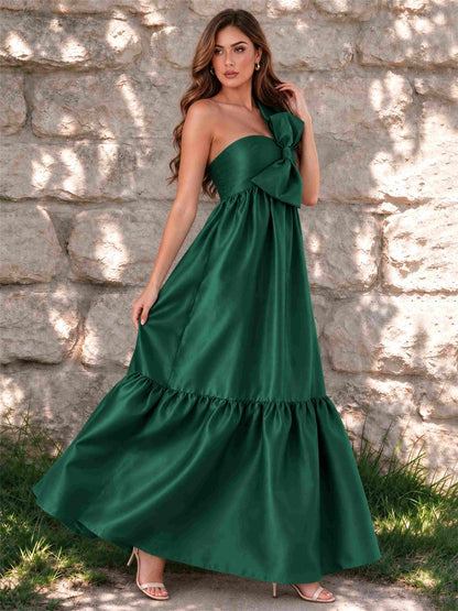 One Shoulder A-Line Satin Sleeveless Wedding Guest Dress with Bowknot