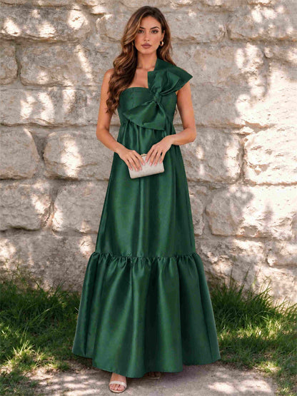 One Shoulder A-Line Satin Sleeveless Wedding Guest Dress with Bowknot