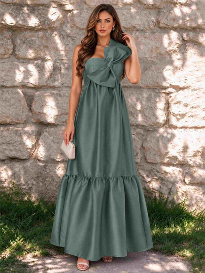 One Shoulder A-Line Satin Sleeveless Wedding Guest Dress with Bowknot