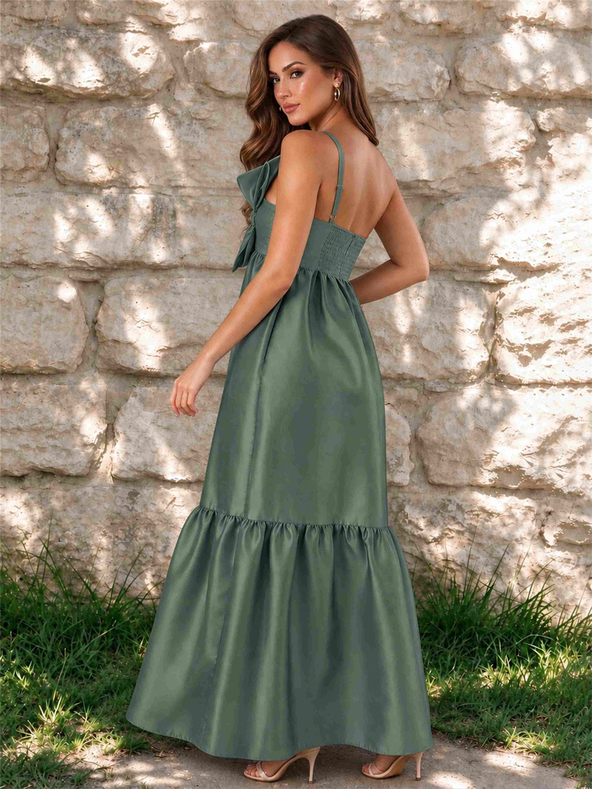 One Shoulder A-Line Satin Sleeveless Wedding Guest Dress with Bowknot