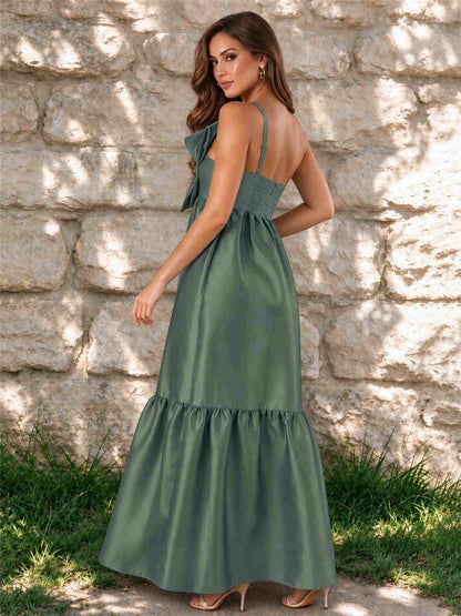 One Shoulder A-Line Satin Sleeveless Wedding Guest Dress with Bowknot