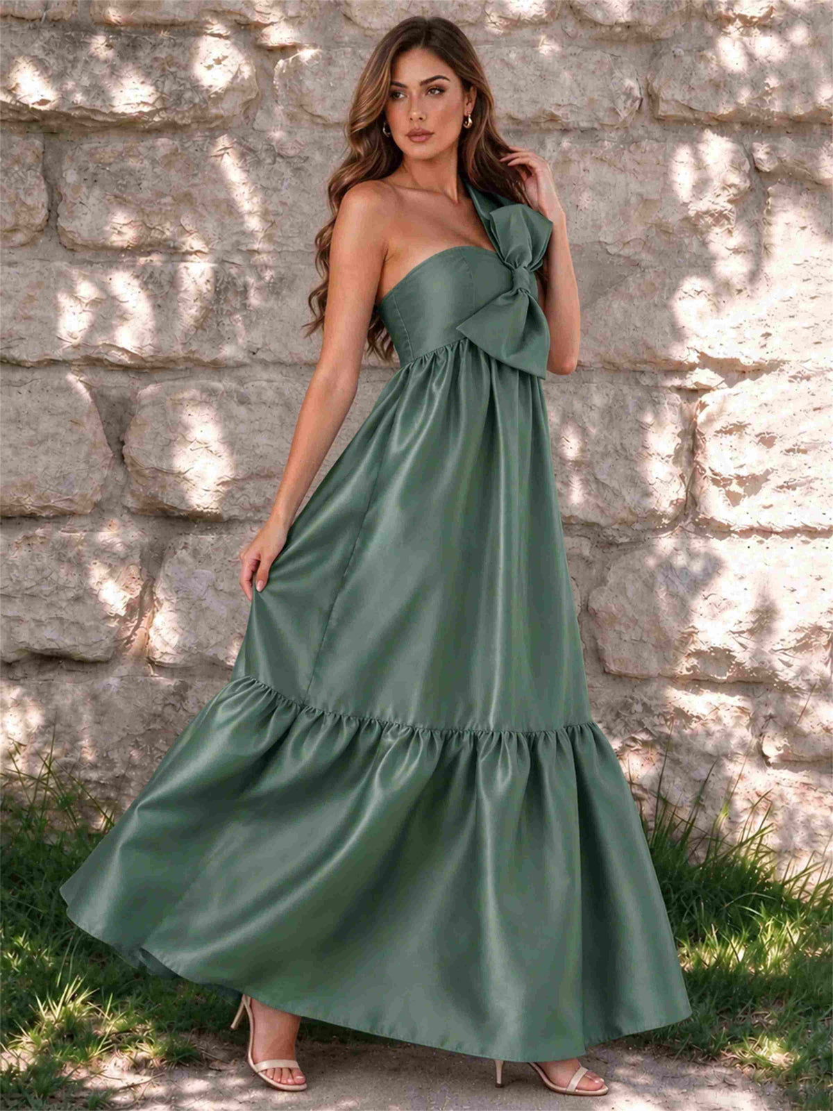 One Shoulder A-Line Satin Sleeveless Wedding Guest Dress with Bowknot