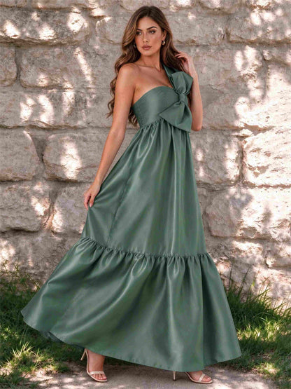 One Shoulder A-Line Satin Sleeveless Wedding Guest Dress with Bowknot