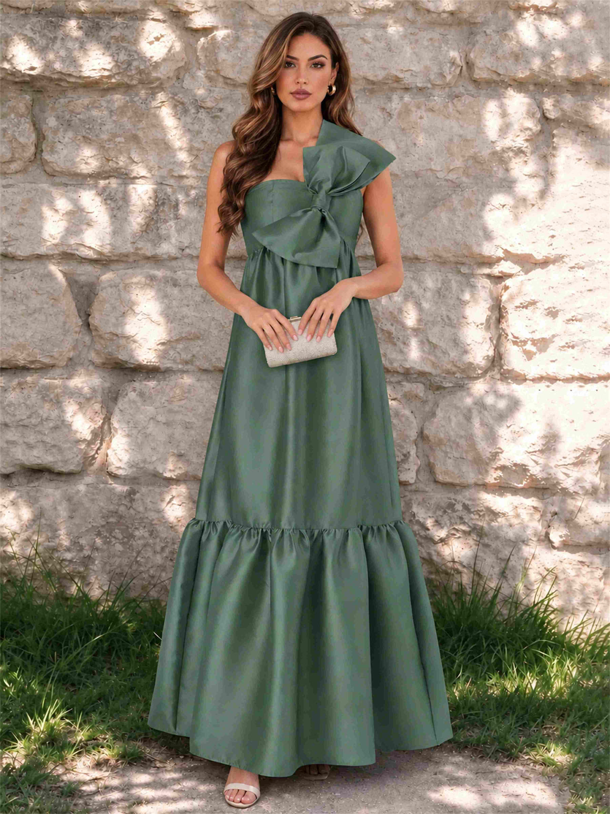 One Shoulder A-Line Satin Sleeveless Wedding Guest Dress with Bowknot