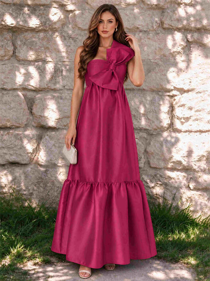 One Shoulder A-Line Satin Sleeveless Wedding Guest Dress with Bowknot