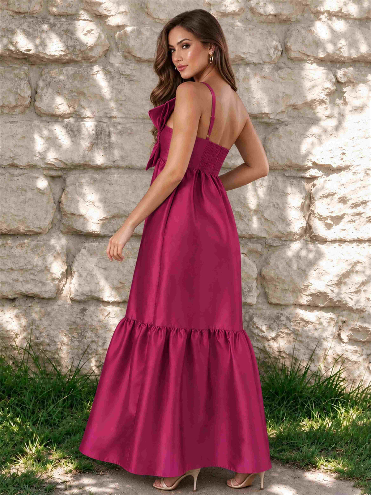 One Shoulder A-Line Satin Sleeveless Wedding Guest Dress with Bowknot