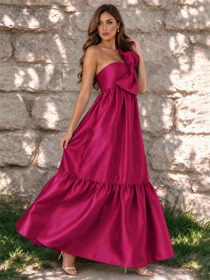 One Shoulder A-Line Satin Sleeveless Wedding Guest Dress with Bowknot