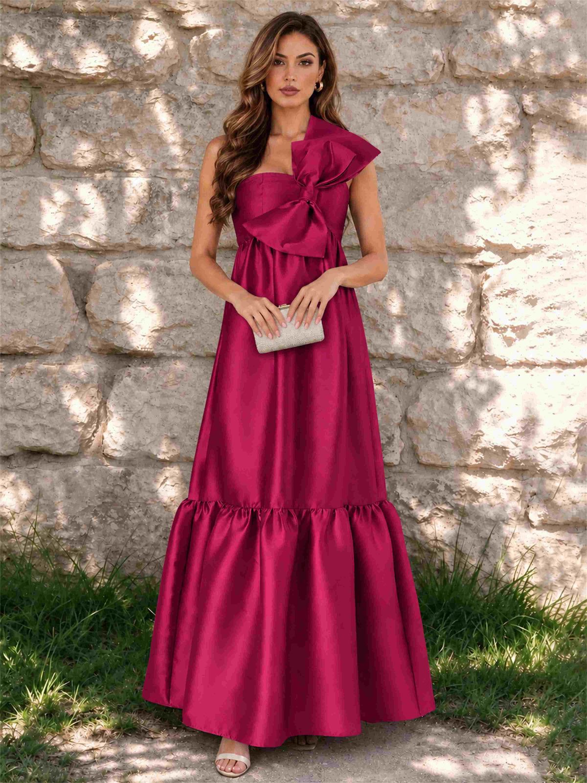 One Shoulder A-Line Satin Sleeveless Wedding Guest Dress with Bowknot