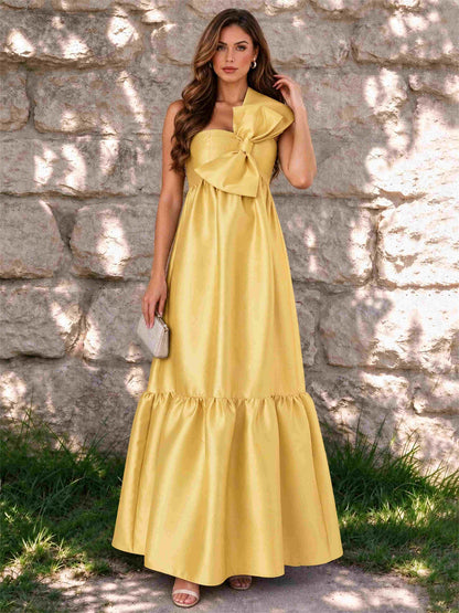 One Shoulder A-Line Satin Sleeveless Wedding Guest Dress with Bowknot