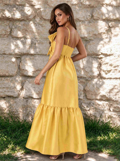 One Shoulder A-Line Satin Sleeveless Wedding Guest Dress with Bowknot