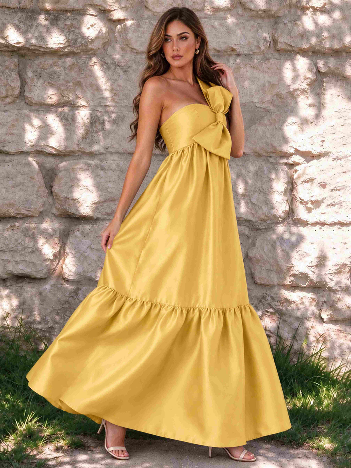 One Shoulder A-Line Satin Sleeveless Wedding Guest Dress with Bowknot
