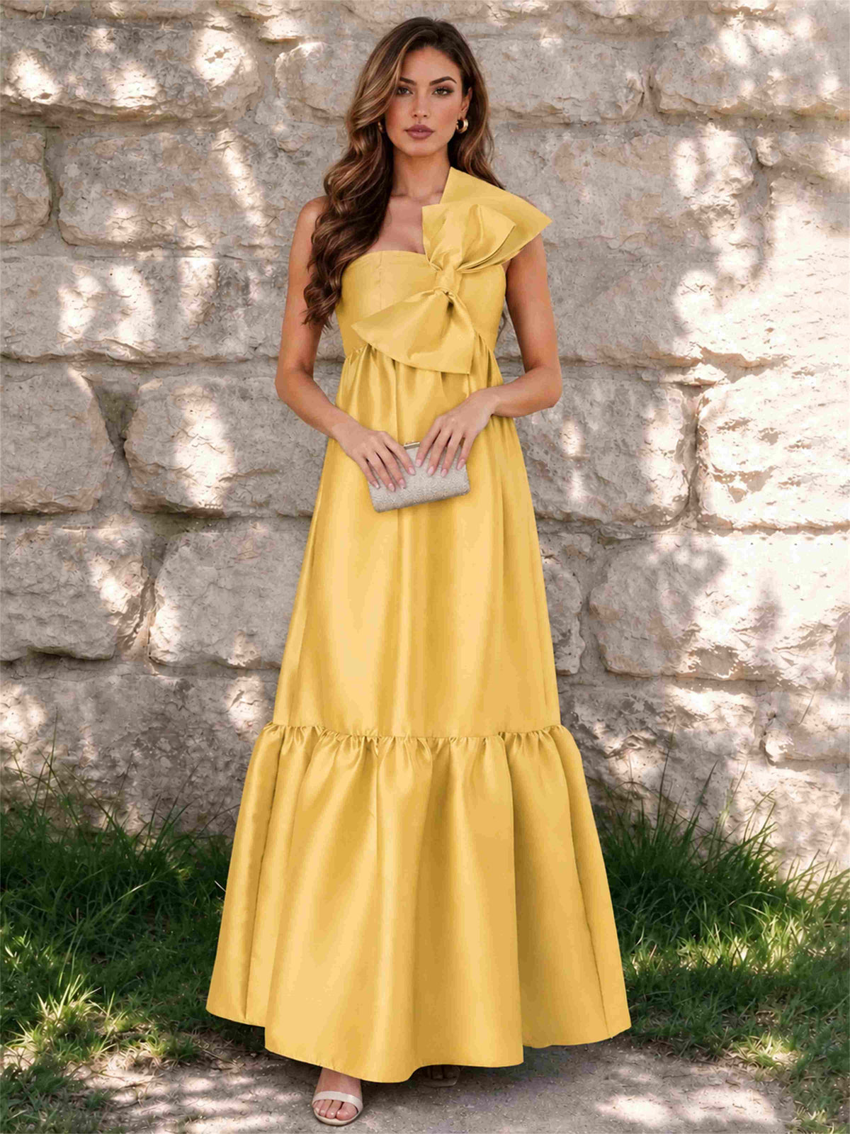 One Shoulder A-Line Satin Sleeveless Wedding Guest Dress with Bowknot