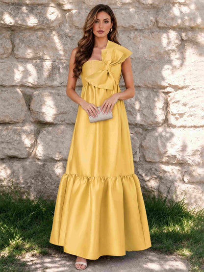 One Shoulder A-Line Satin Sleeveless Wedding Guest Dress with Bowknot