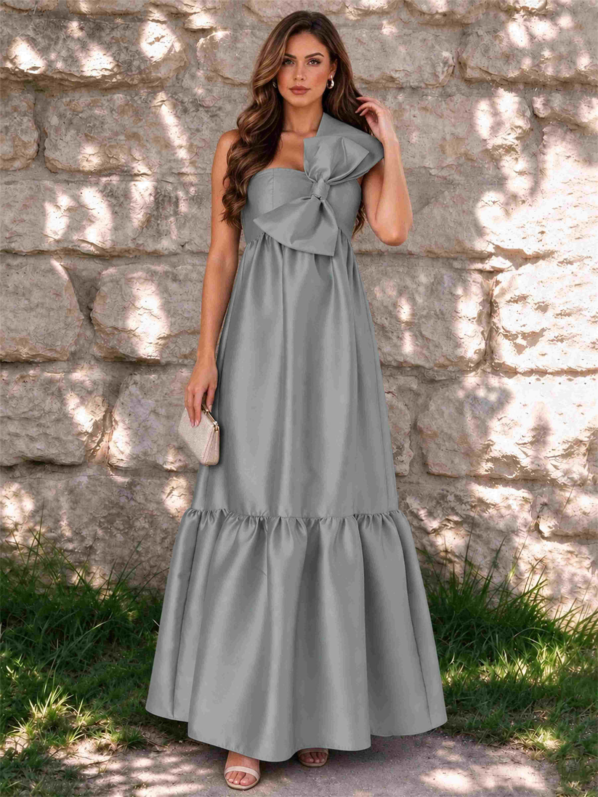 One Shoulder A-Line Satin Sleeveless Wedding Guest Dress with Bowknot