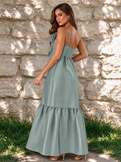 One Shoulder A-Line Satin Sleeveless Wedding Guest Dress with Bowknot