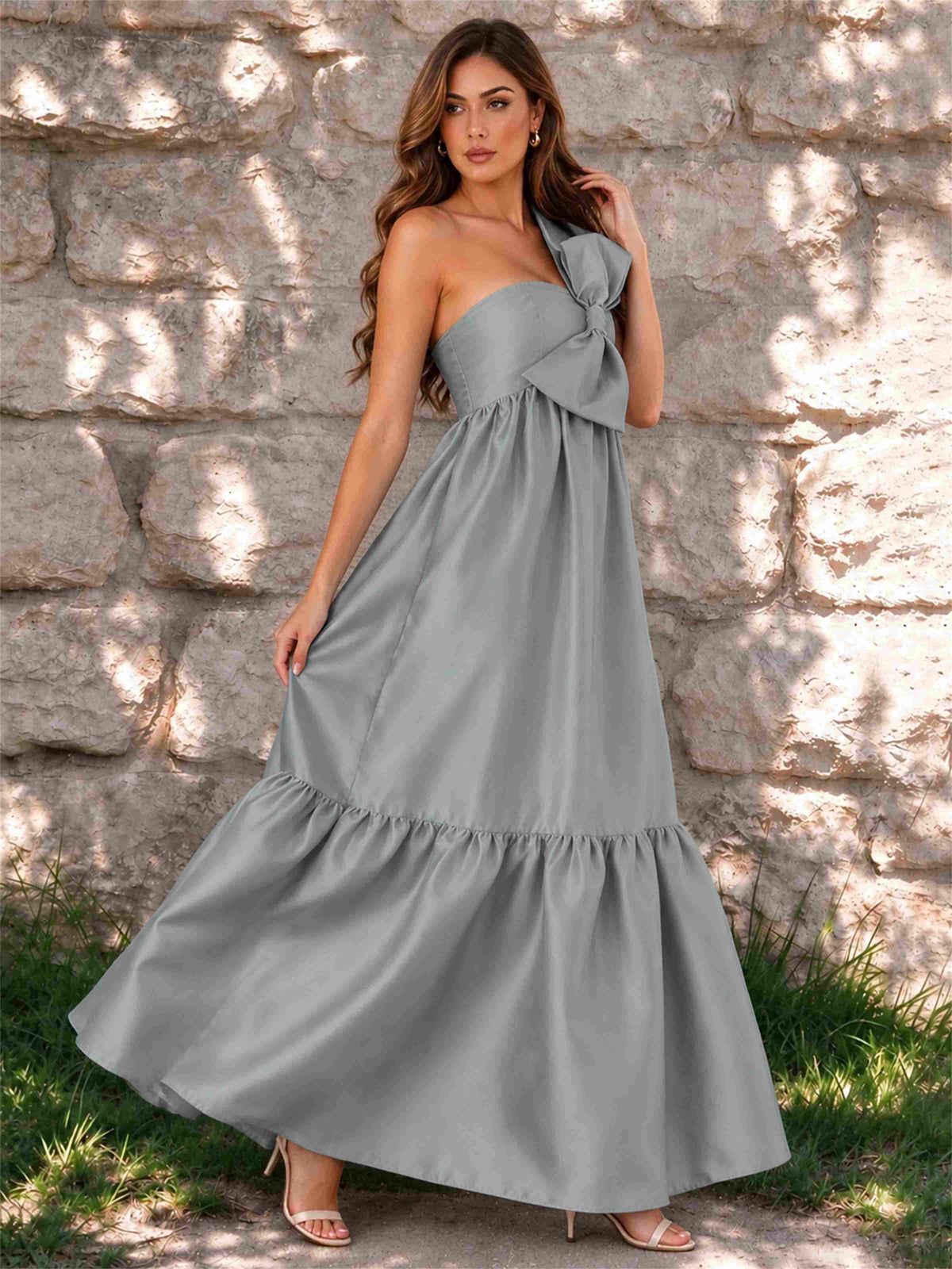 One Shoulder A-Line Satin Sleeveless Wedding Guest Dress with Bowknot