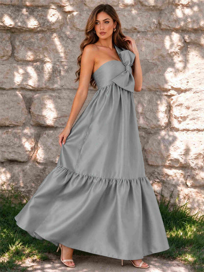 One Shoulder A-Line Satin Sleeveless Wedding Guest Dress with Bowknot