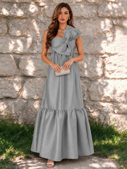 One Shoulder A-Line Satin Sleeveless Wedding Guest Dress with Bowknot