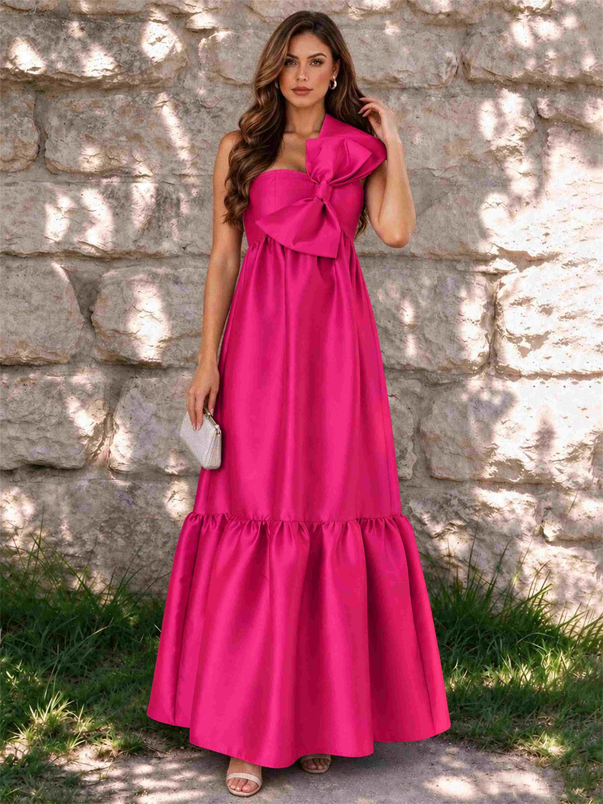 One Shoulder A-Line Satin Sleeveless Wedding Guest Dress with Bowknot