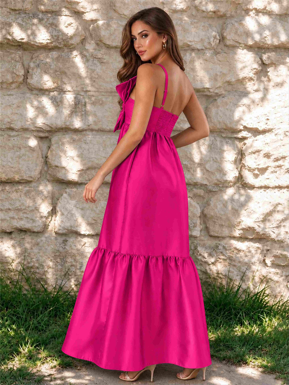 One Shoulder A-Line Satin Sleeveless Wedding Guest Dress with Bowknot