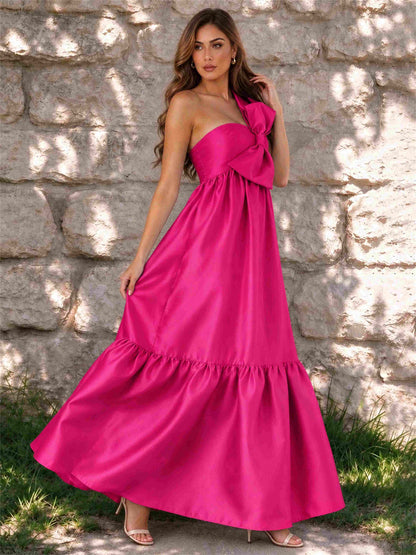 One Shoulder A-Line Satin Sleeveless Wedding Guest Dress with Bowknot