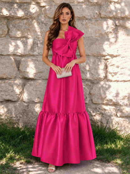 One Shoulder A-Line Satin Sleeveless Wedding Guest Dress with Bowknot