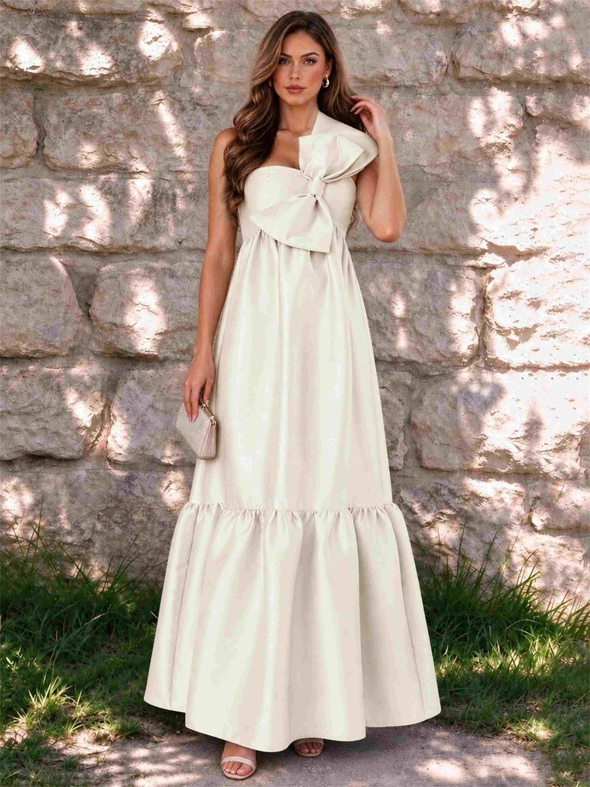 One Shoulder A-Line Satin Sleeveless Wedding Guest Dress with Bowknot