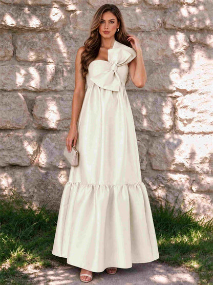 One Shoulder A-Line Satin Sleeveless Wedding Guest Dress with Bowknot