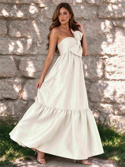One Shoulder A-Line Satin Sleeveless Wedding Guest Dress with Bowknot