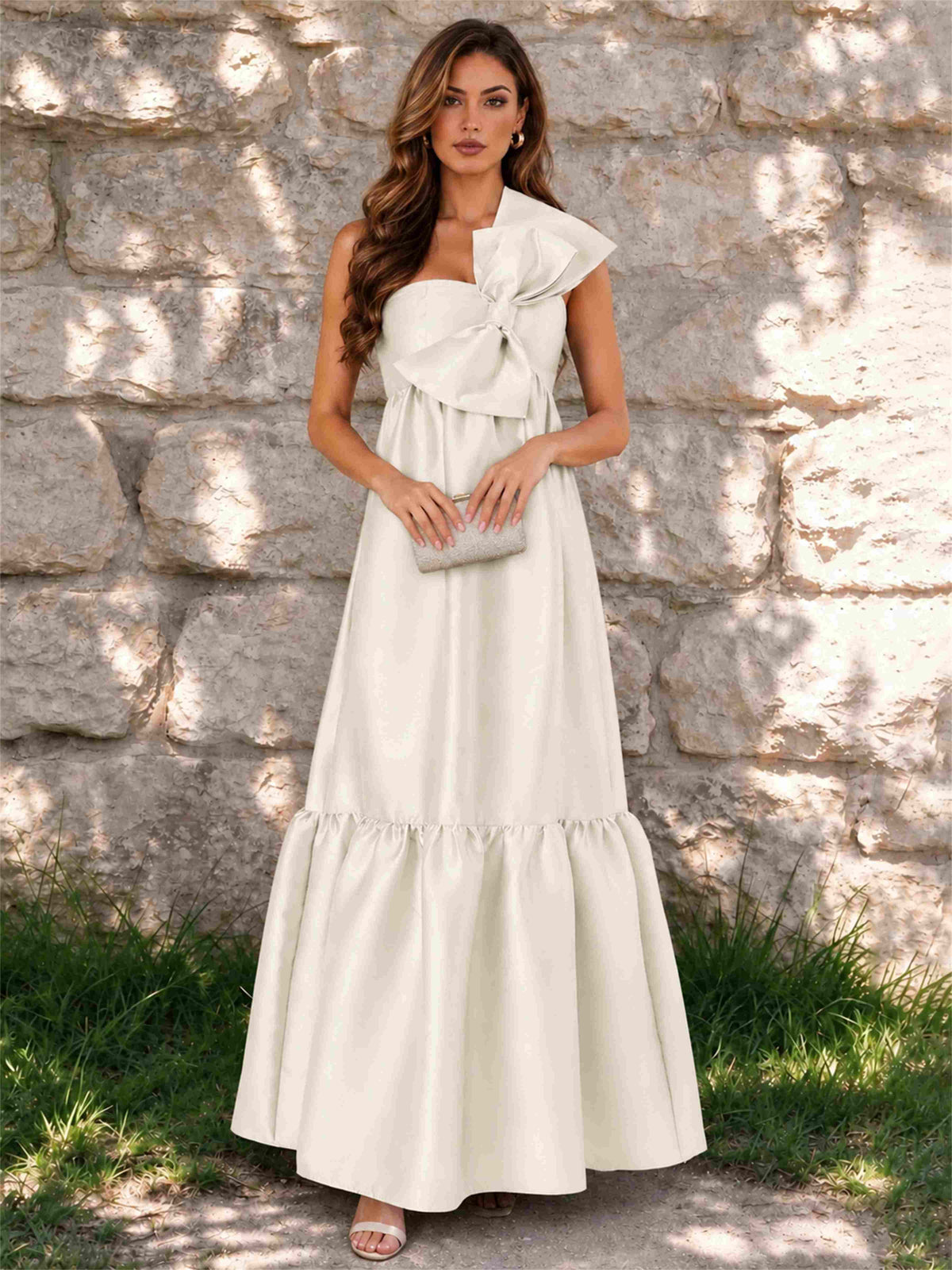 One Shoulder A-Line Satin Sleeveless Wedding Guest Dress with Bowknot