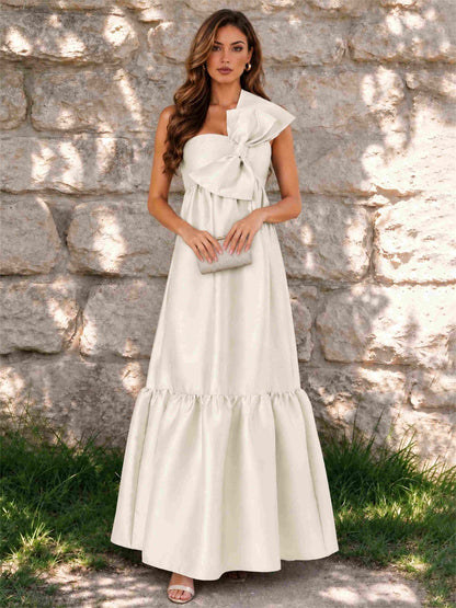 One Shoulder A-Line Satin Sleeveless Wedding Guest Dress with Bowknot
