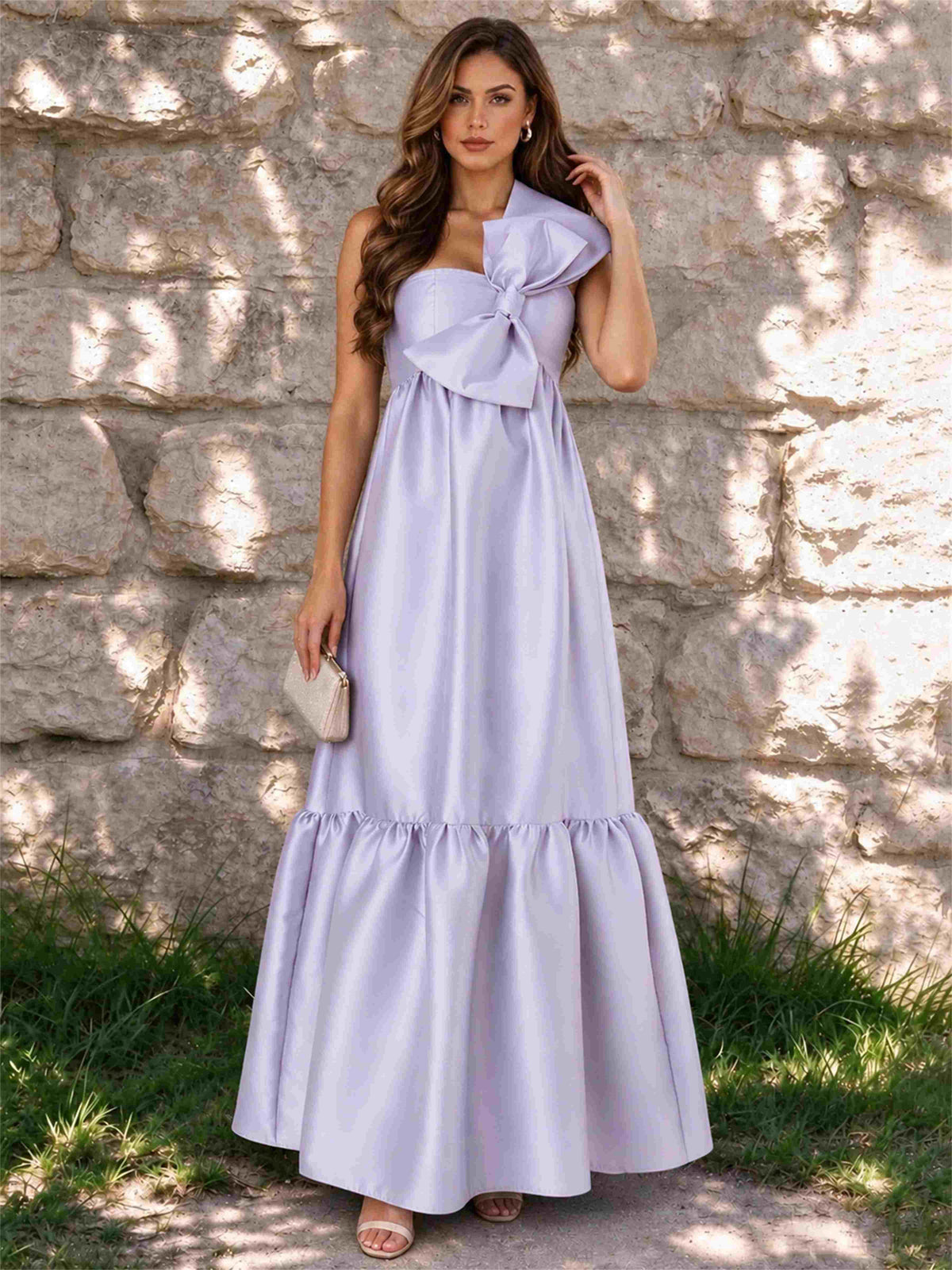 One Shoulder A-Line Satin Sleeveless Wedding Guest Dress with Bowknot