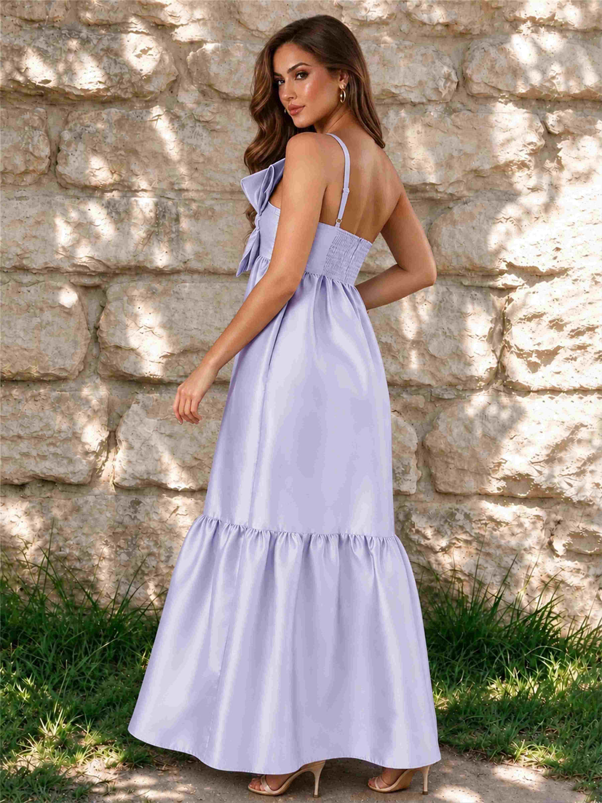 One Shoulder A-Line Satin Sleeveless Wedding Guest Dress with Bowknot