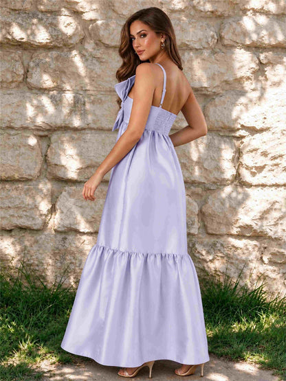 One Shoulder A-Line Satin Sleeveless Wedding Guest Dress with Bowknot
