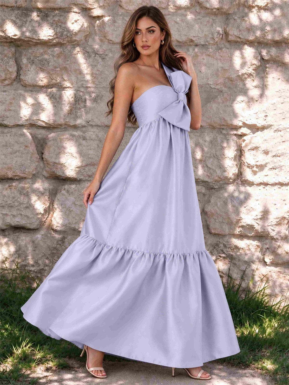 One Shoulder A-Line Satin Sleeveless Wedding Guest Dress with Bowknot