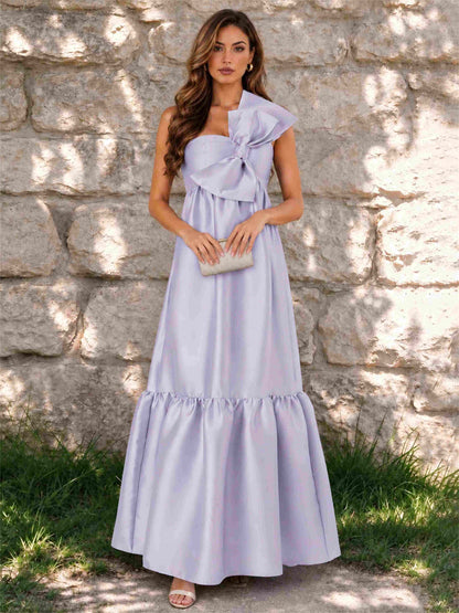 One Shoulder A-Line Satin Sleeveless Wedding Guest Dress with Bowknot