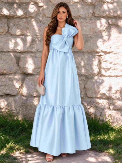 One Shoulder A-Line Satin Sleeveless Wedding Guest Dress with Bowknot