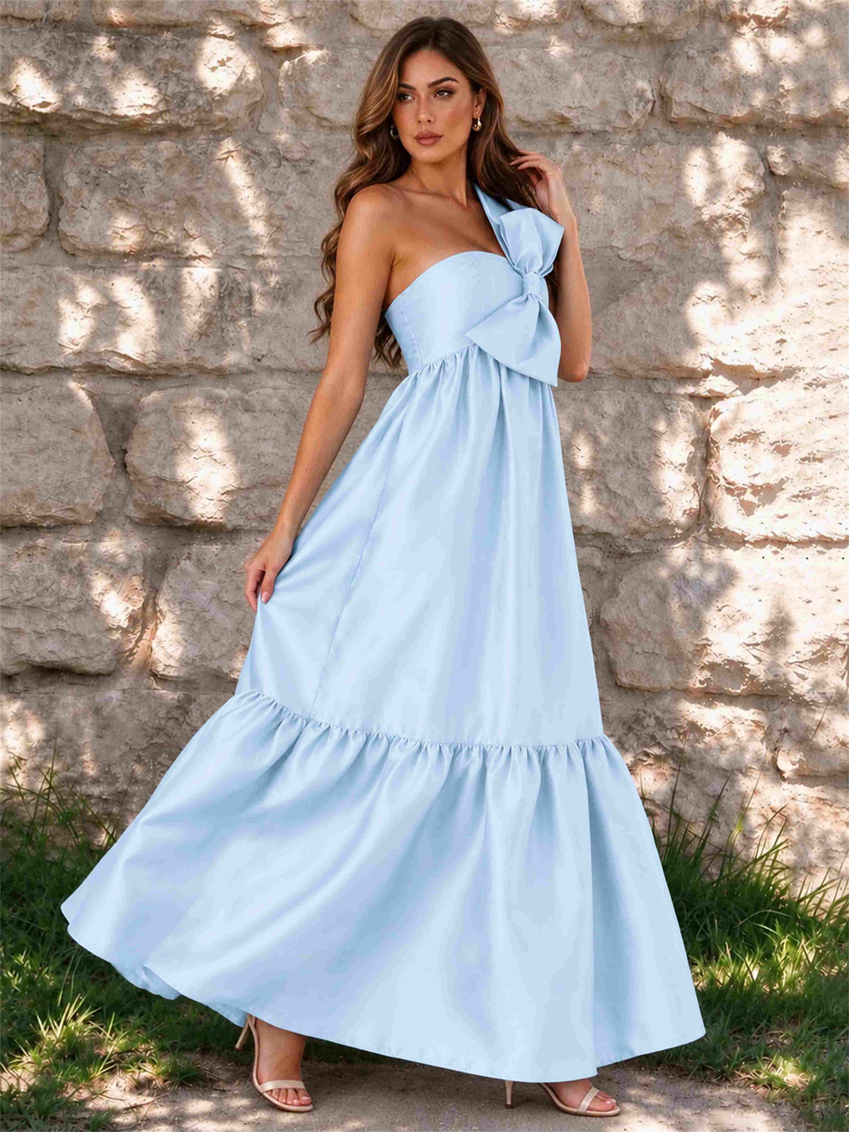 One Shoulder A-Line Satin Sleeveless Wedding Guest Dress with Bowknot