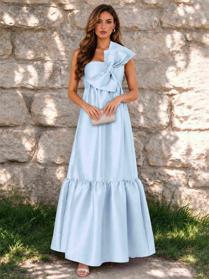 One Shoulder A-Line Satin Sleeveless Wedding Guest Dress with Bowknot