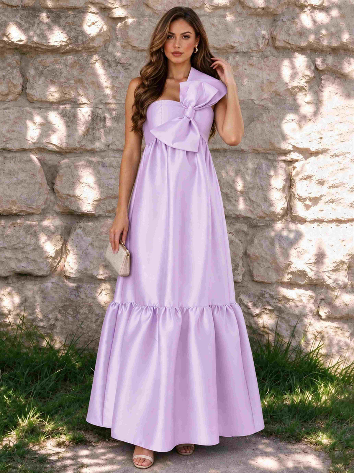 One Shoulder A-Line Satin Sleeveless Wedding Guest Dress with Bowknot