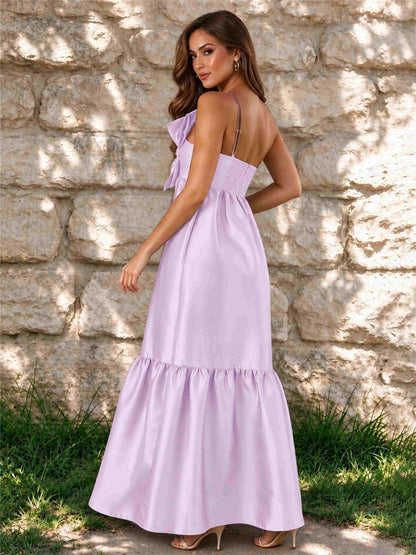 One Shoulder A-Line Satin Sleeveless Wedding Guest Dress with Bowknot
