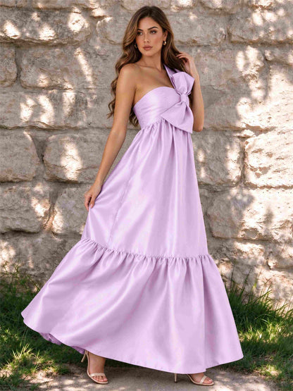 One Shoulder A-Line Satin Sleeveless Wedding Guest Dress with Bowknot