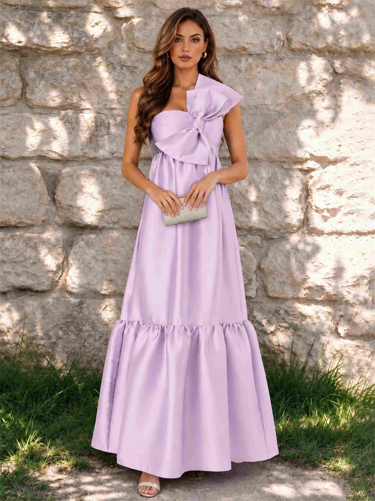 One Shoulder A-Line Satin Sleeveless Wedding Guest Dress with Bowknot