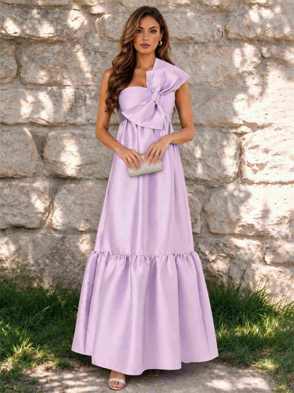 One Shoulder A-Line Satin Sleeveless Wedding Guest Dress with Bowknot