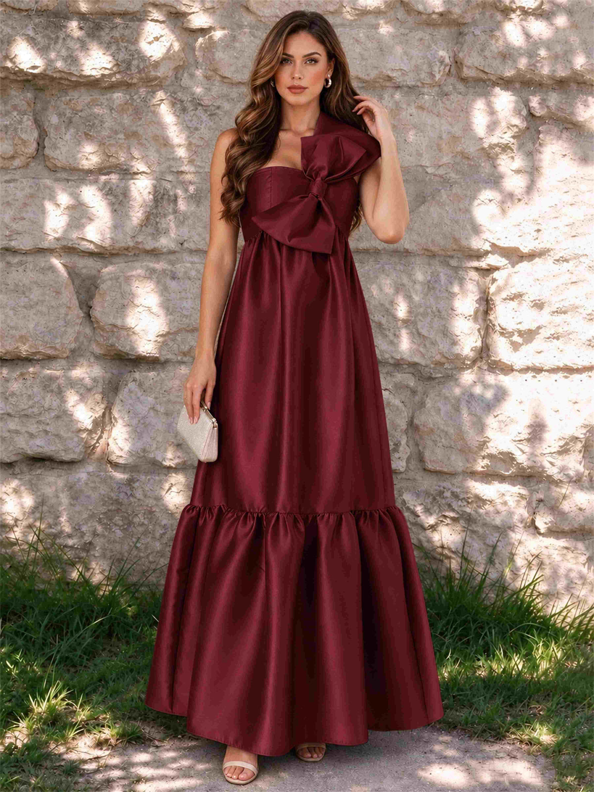 One Shoulder A-Line Satin Sleeveless Wedding Guest Dress with Bowknot