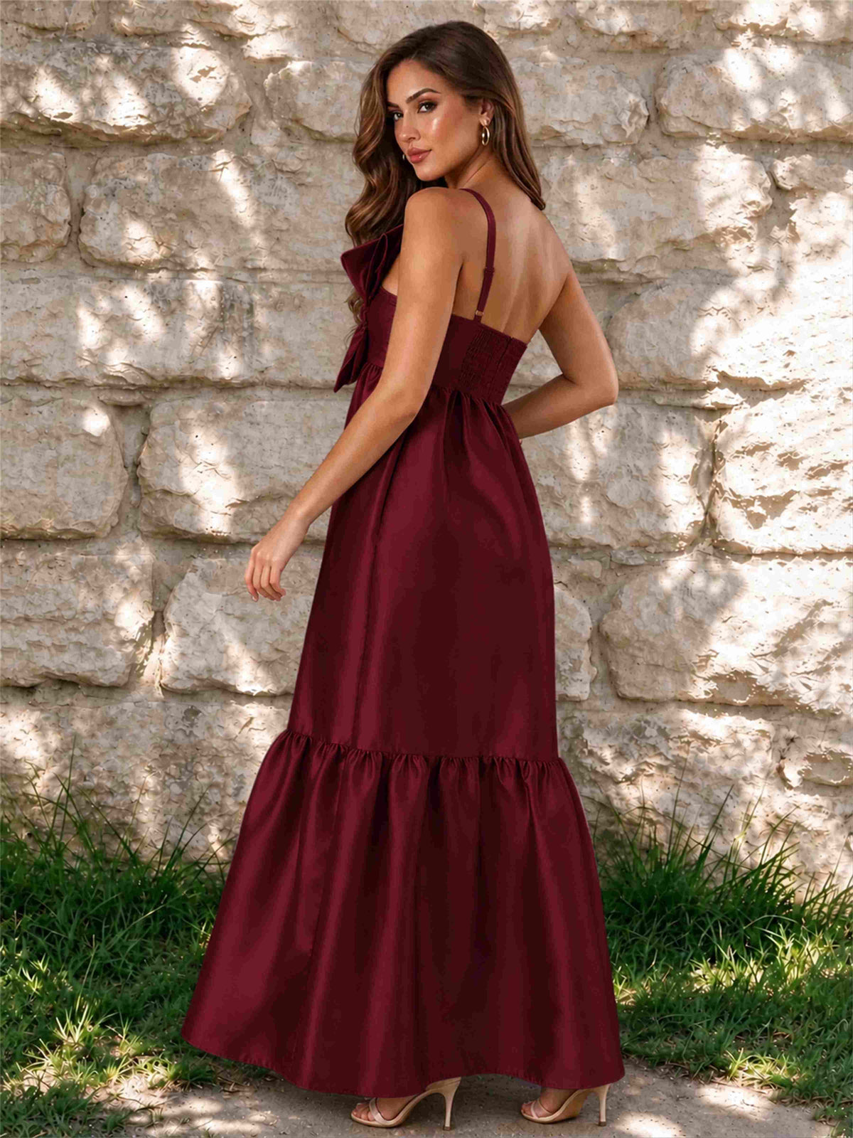 One Shoulder A-Line Satin Sleeveless Wedding Guest Dress with Bowknot
