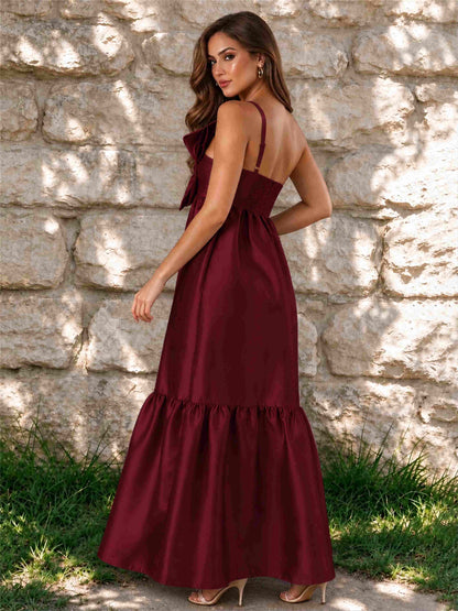 One Shoulder A-Line Satin Sleeveless Wedding Guest Dress with Bowknot