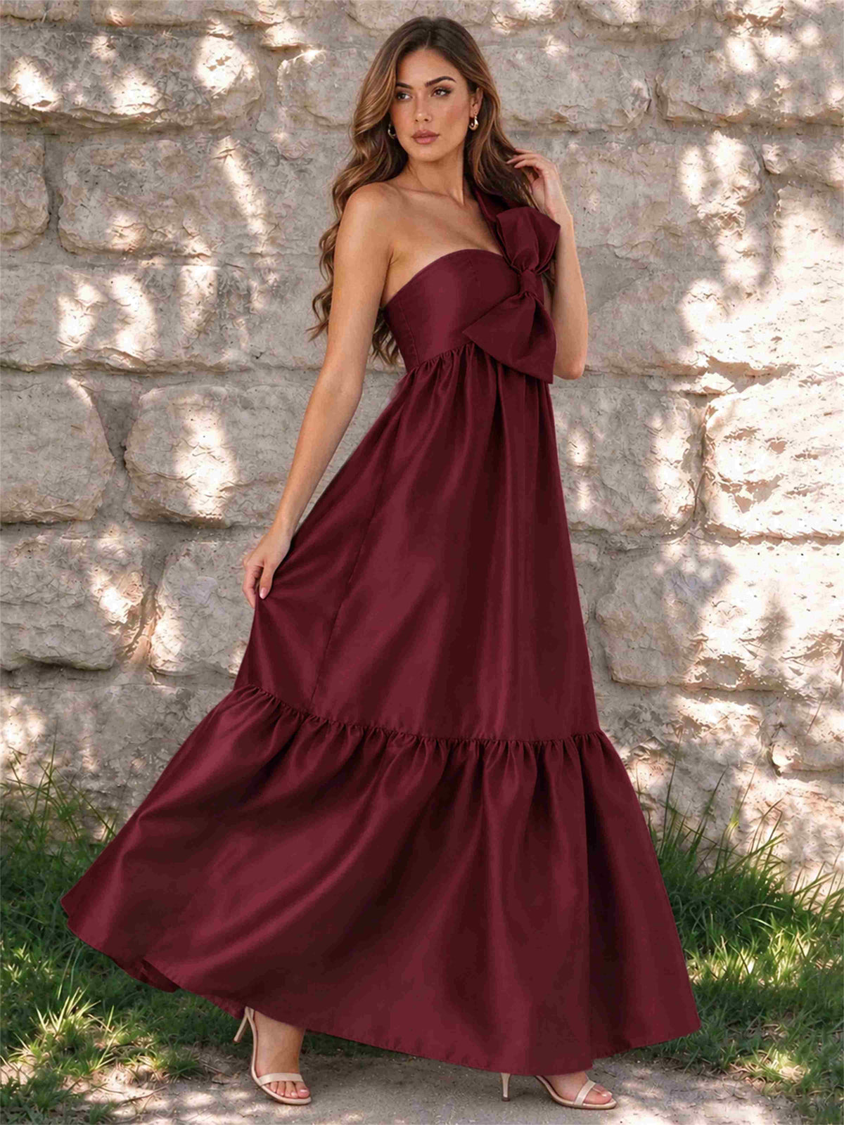 One Shoulder A-Line Satin Sleeveless Wedding Guest Dress with Bowknot