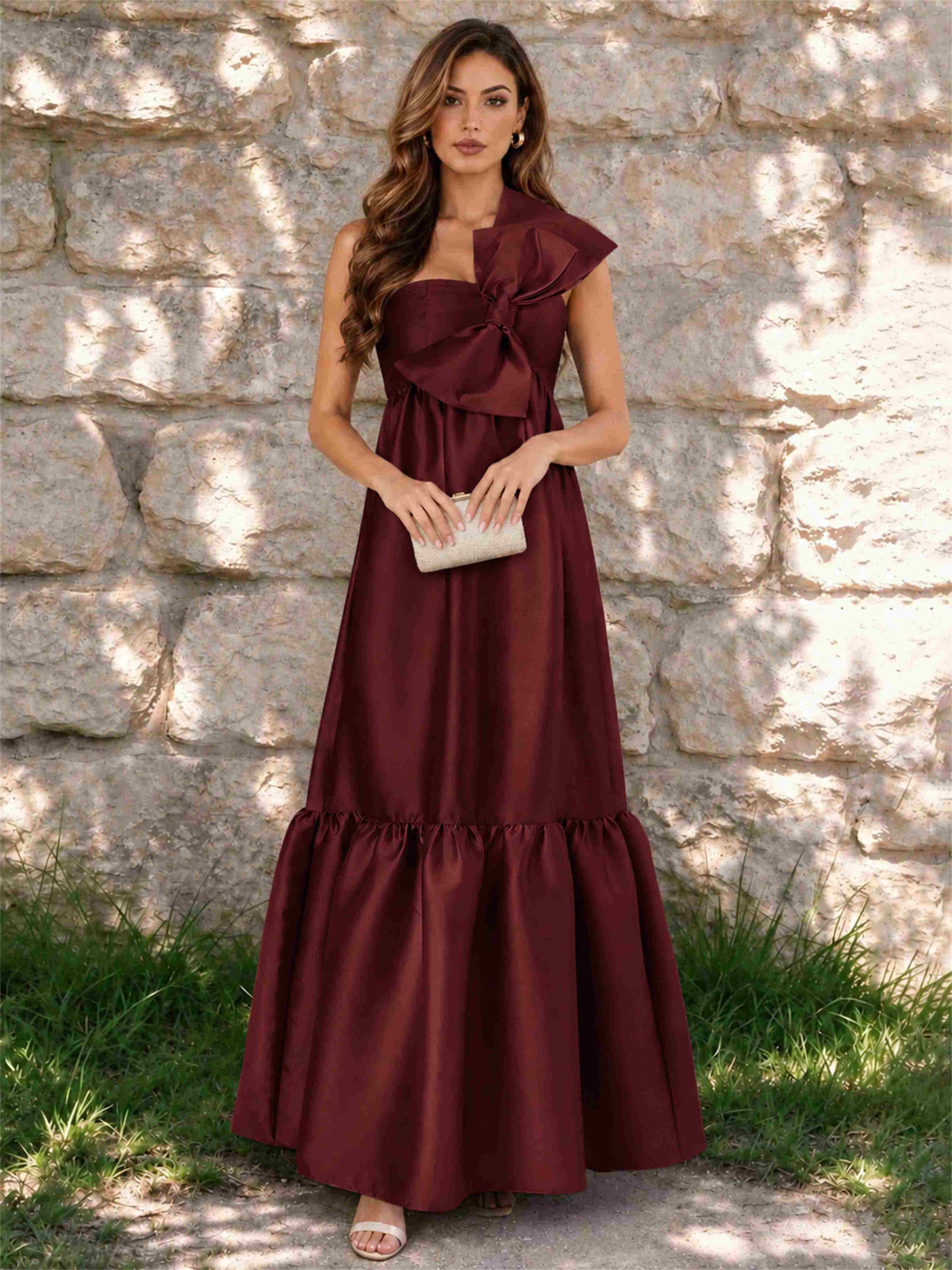 One Shoulder A-Line Satin Sleeveless Wedding Guest Dress with Bowknot